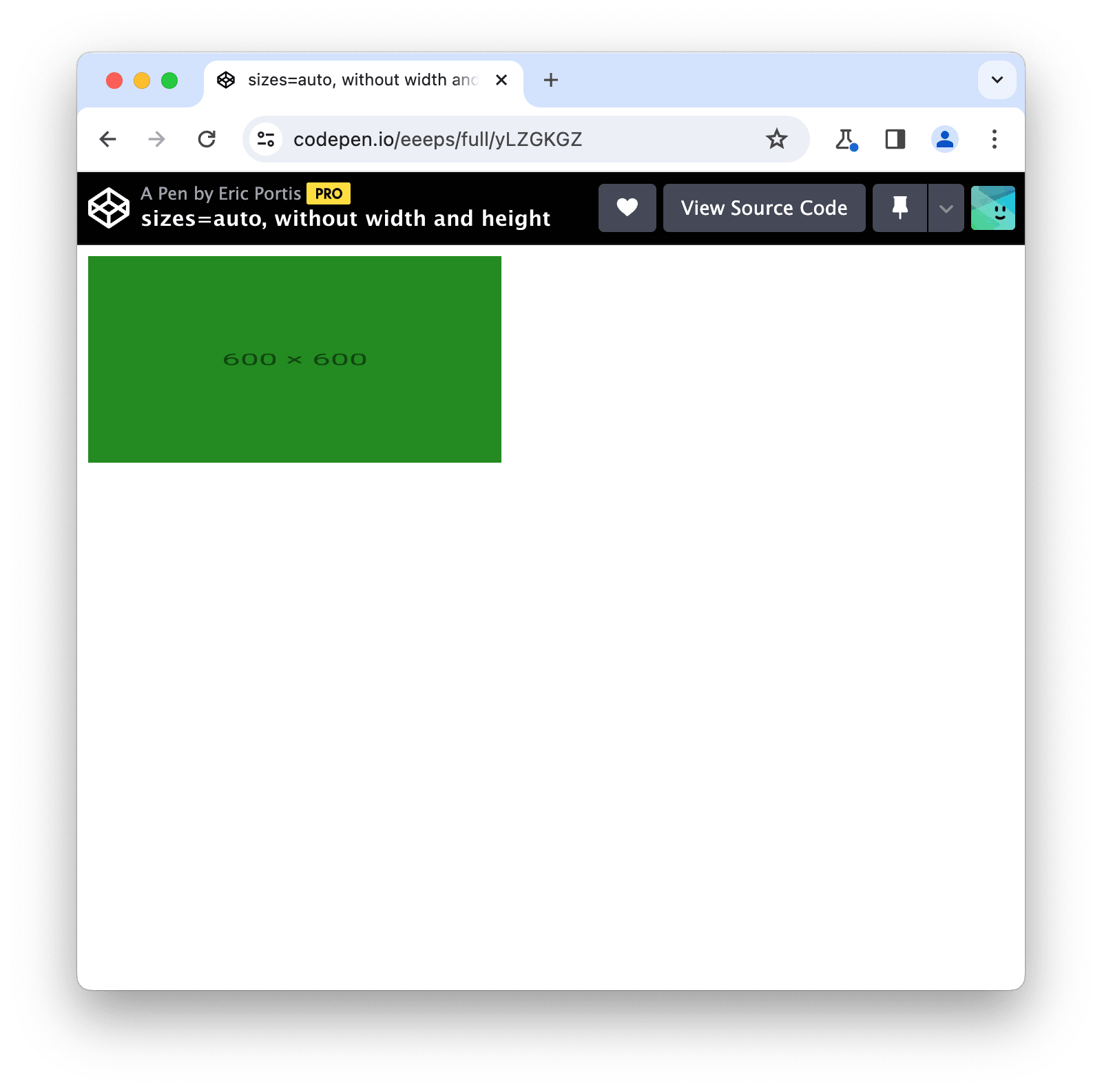 Screenshot of a Chrome window, showing a Codepen titled “sizes=auto, without width and height”. It’s a mostly blank page, showing a small green rectangle (the img), which has some squished-looking text reading “600x600” in it.